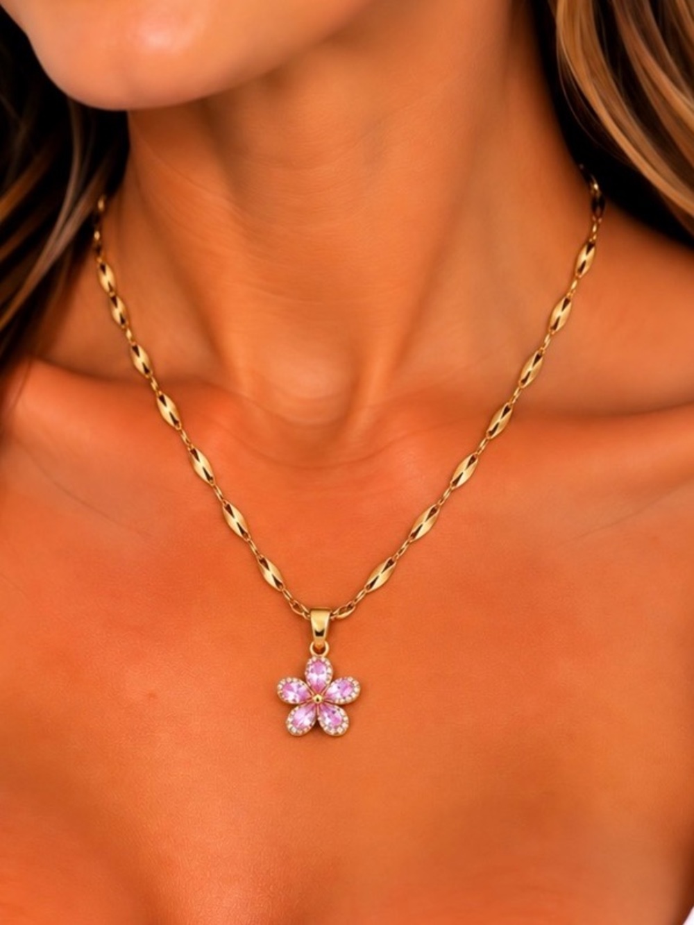 Pink Iridescent Rhinestone Flower Pendant Necklace-Gold Hardware